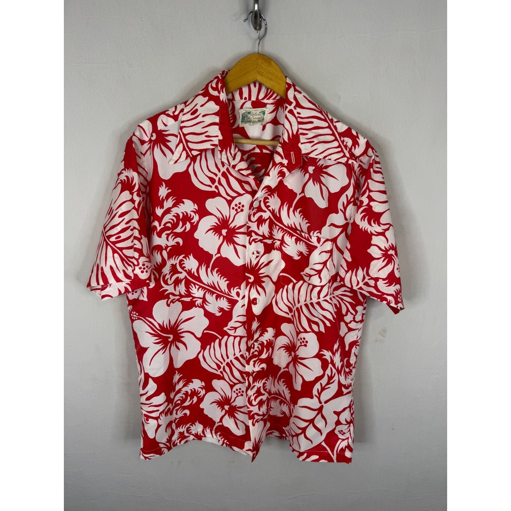 Island Casuals Vintage Hawaiian Shirt Red White Hibiscus Tropical Print L 70s
